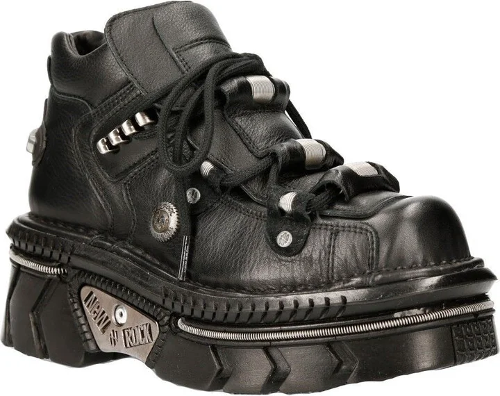 Unisex Metallic Black Leather Gothic Techno Boots- M-215-S6