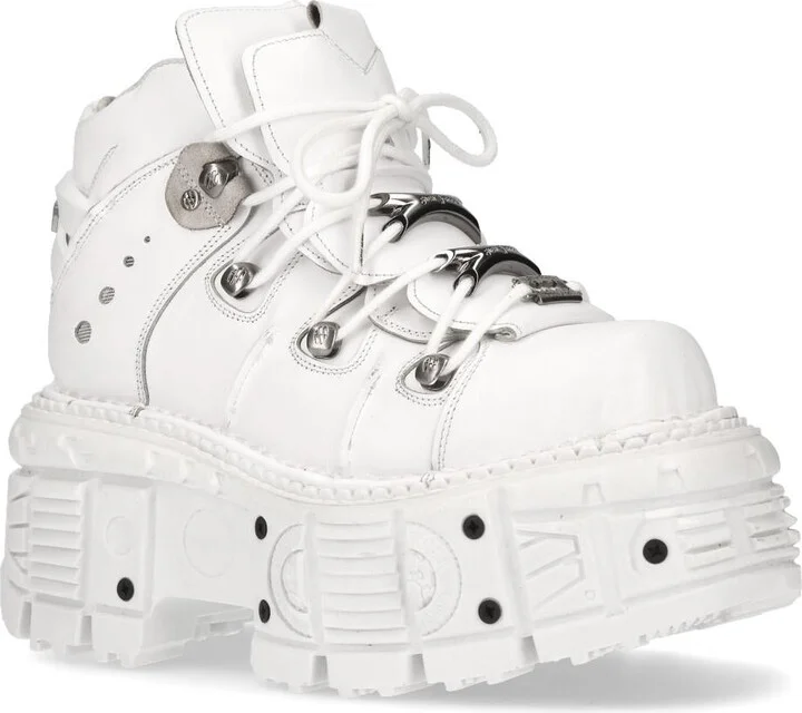 Unisex White Leather Gothic Punk Boots- M-TANK106-C1