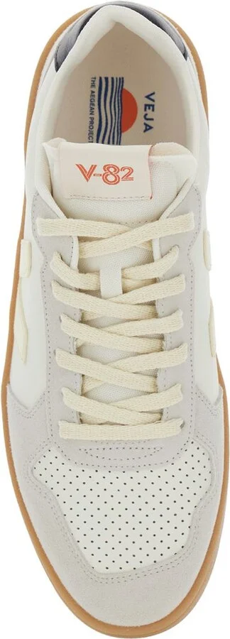 'V-82' Grey Low Top Sneakers With Logo Patch On Tongue And Side And Logo Letteirng On The Heel In Leather Unisex - Image 4