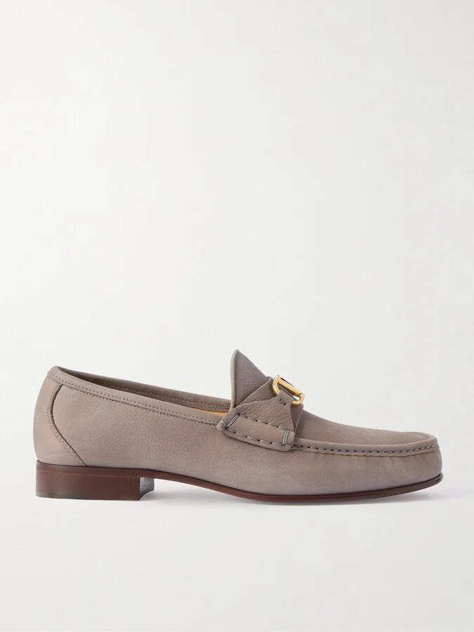 V-Logo Embellished Full-Grain Nubuck Loafers