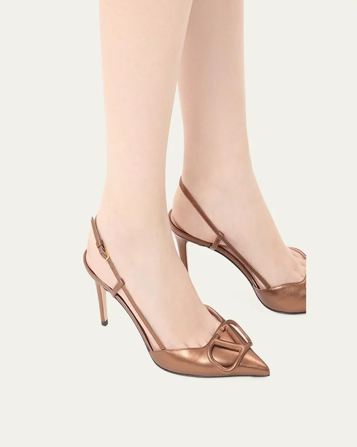 V-Logo Metallic Leather Slingback Pumps - Image 2