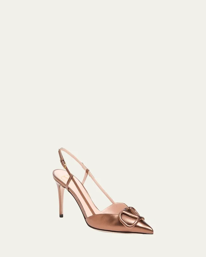 V-Logo Metallic Leather Slingback Pumps - Image 3