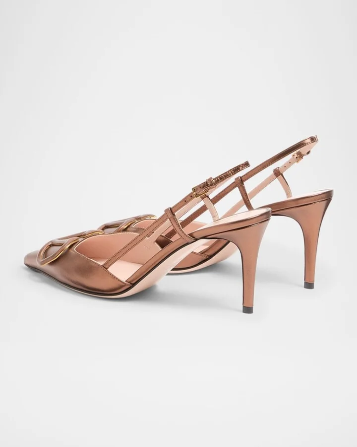 V-Logo Metallic Leather Slingback Pumps - Image 2