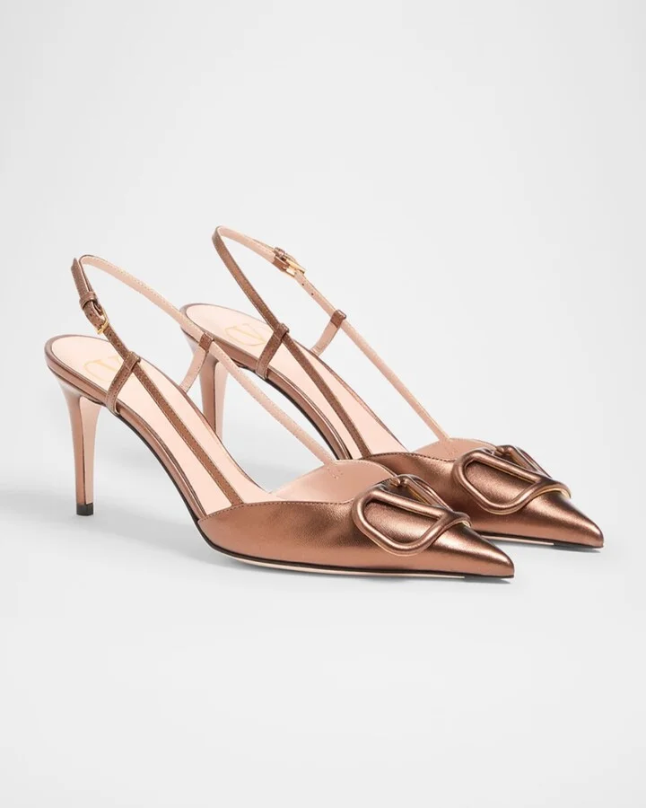 V-Logo Metallic Leather Slingback Pumps - Image 8
