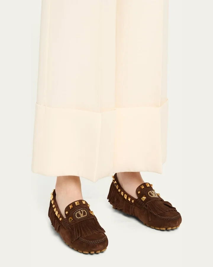 V-Logo Rockstud Suede Fringe Driver Loafers - Image 2