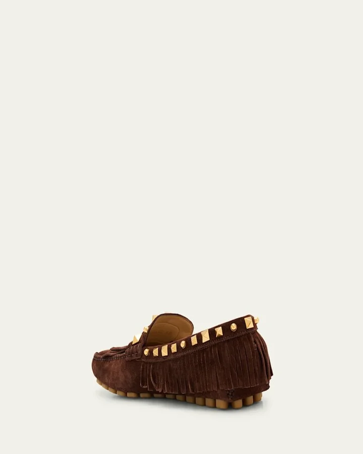 V-Logo Rockstud Suede Fringe Driver Loafers - Image 4