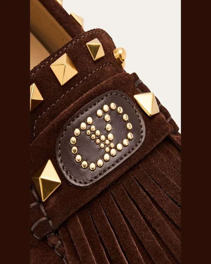 V-Logo Rockstud Suede Fringe Driver Loafers - Image 6
