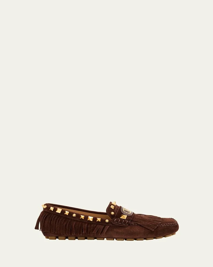 V-Logo Rockstud Suede Fringe Driver Loafers