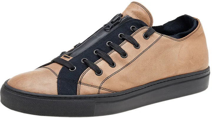 Valentino Beige/Black Leather And Canvas Zip Detail Low Top Sneakers Size 46