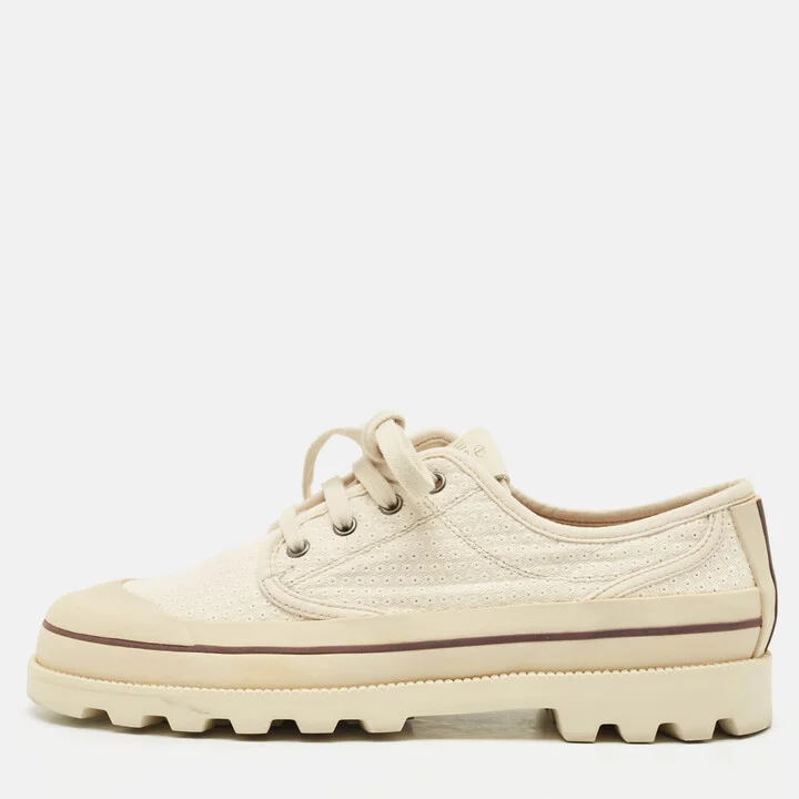 Valentino Beige Embroidered Fabric Low Top Sneakers Size 41