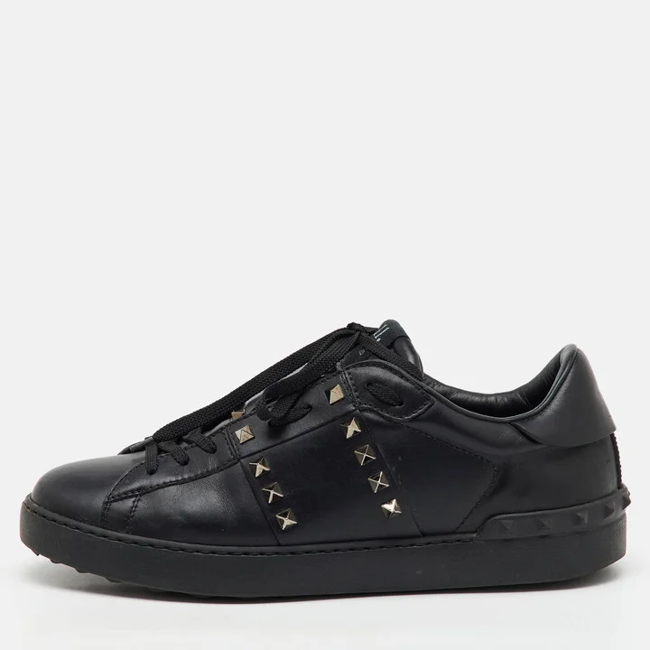 Valentino Black Leather Rockstud Untitled Low Top Sneakers Size 43
