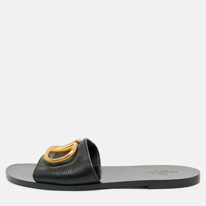 Valentino Black Leather VLogo Flat Slides Size 40