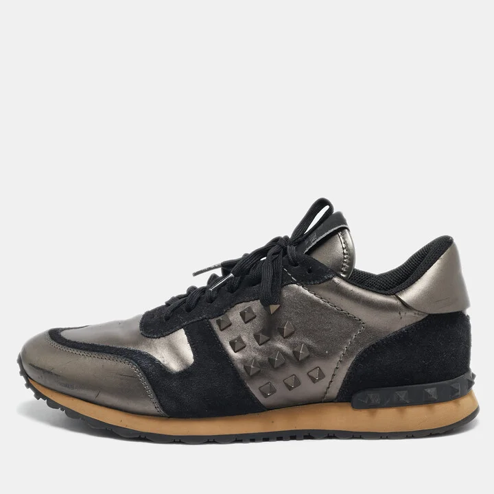 Valentino Black/Metallic Leather and Suede Rockrunner Sneakers Size 42