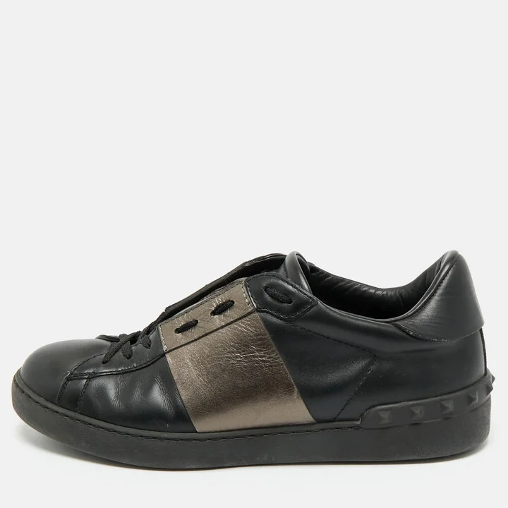 Valentino Black/Metallic Leather Rockstud Lace Low Top Sneakers Size 41