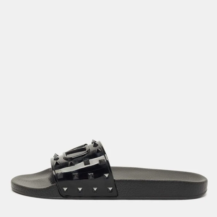 Valentino Black Rubber Rockstud Pool Slides Size 46