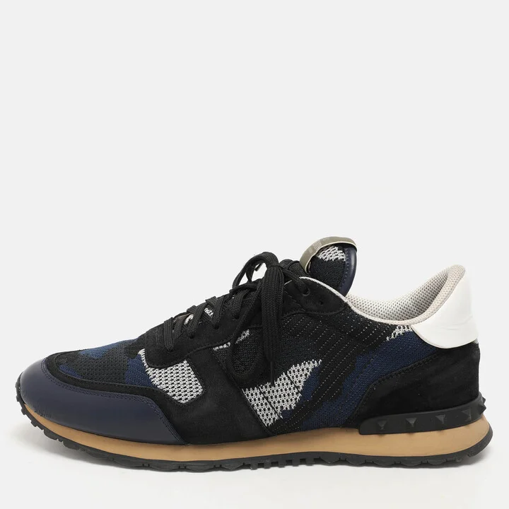 Valentino Blue/Black Suede And Leather Camouflage Rockrunner Low Top Sneakers Size 45