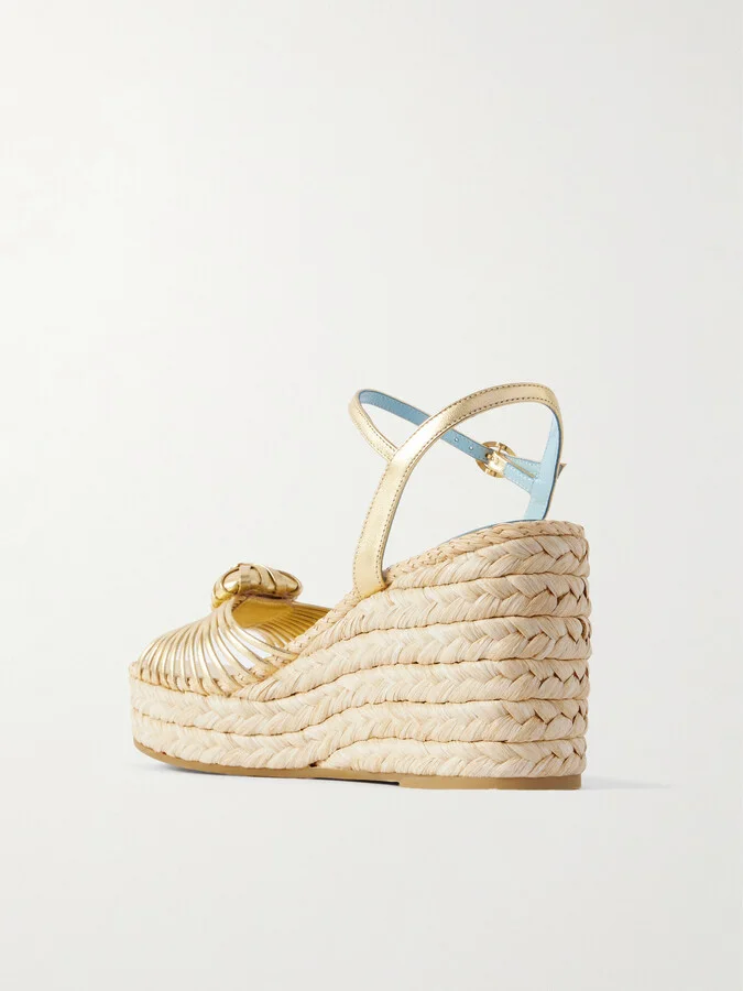 Valentino Garavani - 100 Metallic Leather Espadrille Wedge Sandals - Gold - Image 3