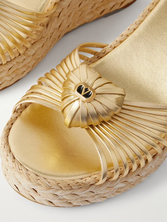 Valentino Garavani - 100 Metallic Leather Espadrille Wedge Sandals - Gold - Image 4