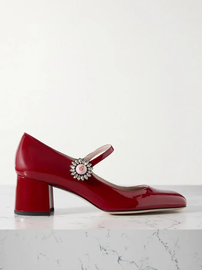 Valentino Garavani - 55 Embellished Patent-leather Mary Jane Pumps - Red