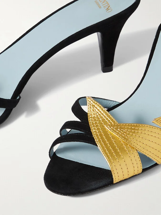 Valentino Garavani - 65 Metallic Leather And Suede Sandals - Black - Image 4