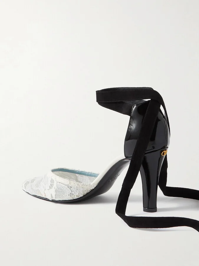 Valentino Garavani - 85 Embellished Suede-trimmed Corded Lace And Patent-leather Pumps - White - Image 3