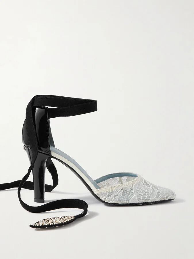 Valentino Garavani - 85 Embellished Suede-trimmed Corded Lace And Patent-leather Pumps - White