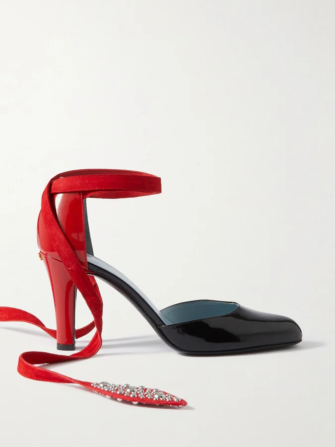 Valentino Garavani - 85 Embellished Suede-trimmed Patent-leather Pumps - Black