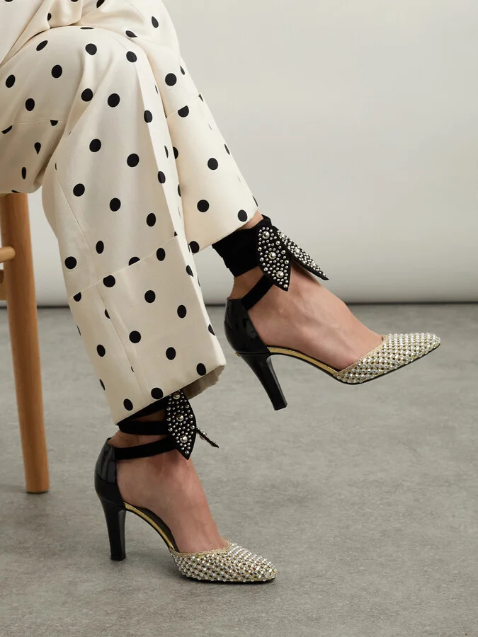 Valentino Garavani - 85 Suede-trimmed Embellished Metallic Mesh And Patent-leather Pumps - Neutrals - Image 2