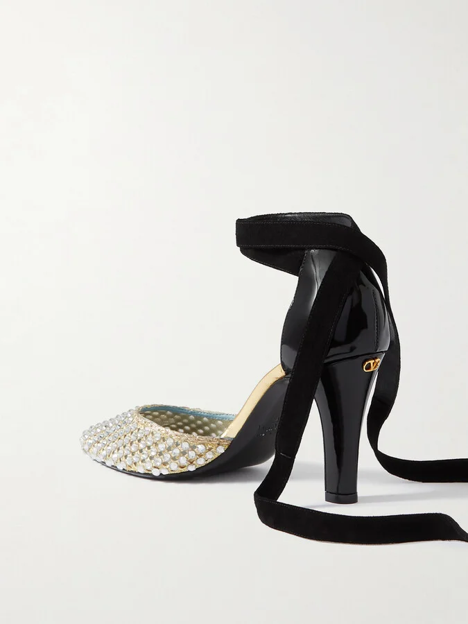 Valentino Garavani - 85 Suede-trimmed Embellished Metallic Mesh And Patent-leather Pumps - Neutrals - Image 3