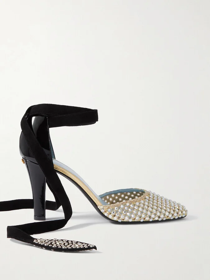 Valentino Garavani - 85 Suede-trimmed Embellished Metallic Mesh And Patent-leather Pumps - Neutrals