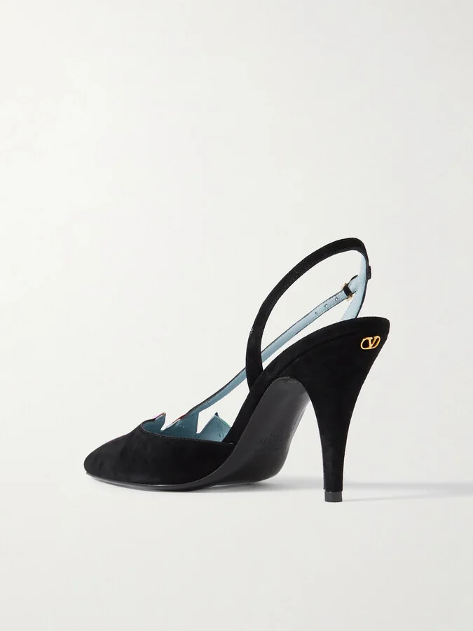 Valentino Garavani - 90 Appliquéd Metallic Leather-trimmed Suede Slingback Pumps - Black - Image 3