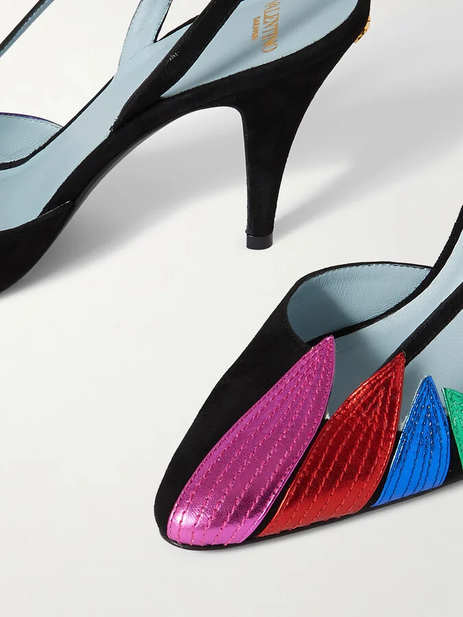 Valentino Garavani - 90 Appliquéd Metallic Leather-trimmed Suede Slingback Pumps - Black - Image 4
