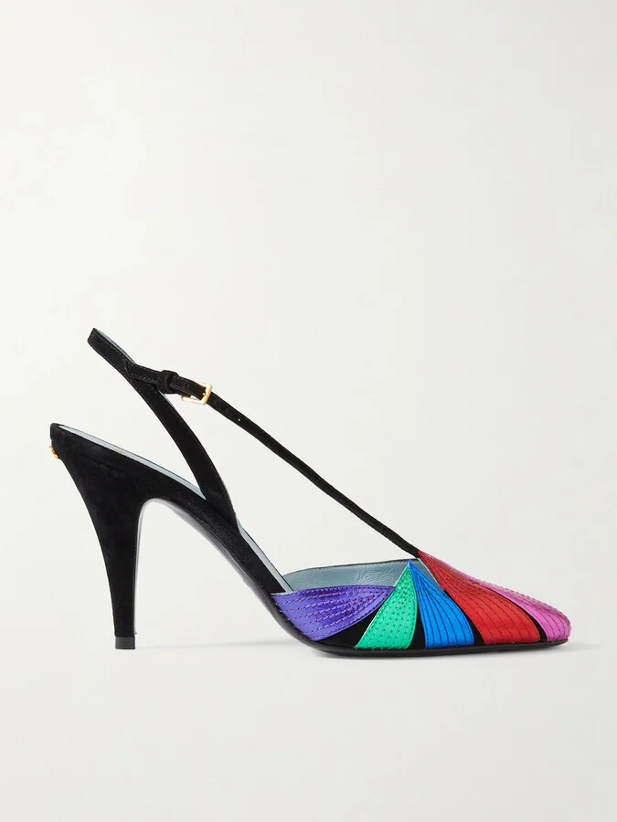 Valentino Garavani - 90 Appliquéd Metallic Leather-trimmed Suede Slingback Pumps - Black