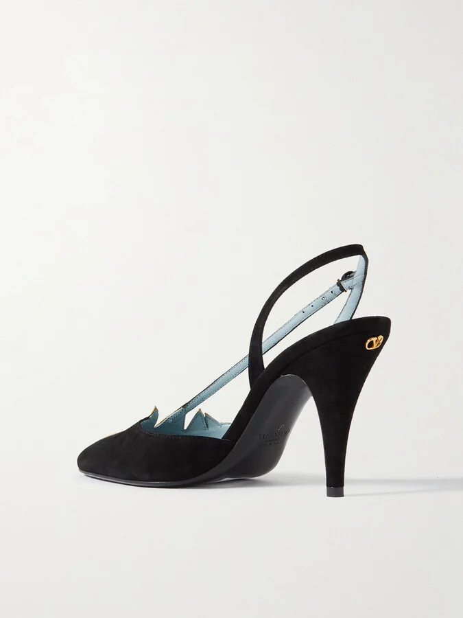 Valentino Garavani - 90 Appliquéd Metallic Leather-trimmed Suede Slingback Pumps - Gold - Image 3