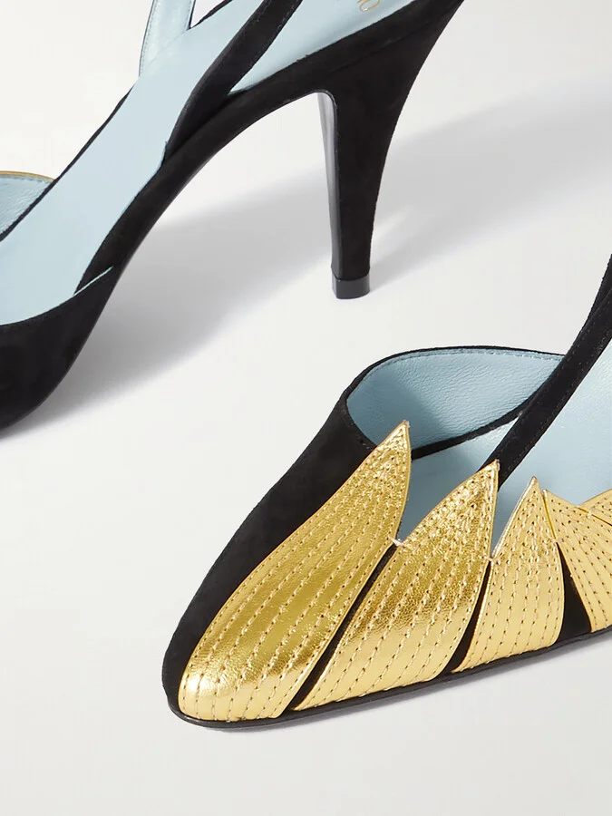 Valentino Garavani - 90 Appliquéd Metallic Leather-trimmed Suede Slingback Pumps - Gold - Image 5