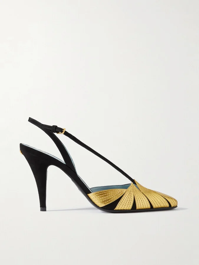 Valentino Garavani - 90 Appliquéd Metallic Leather-trimmed Suede Slingback Pumps - Gold