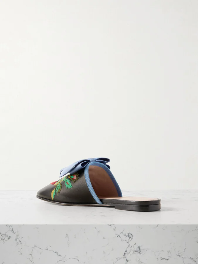 Valentino Garavani - Beauregard Bow-embellished Embroidered Leather Slippers - Black - Image 3