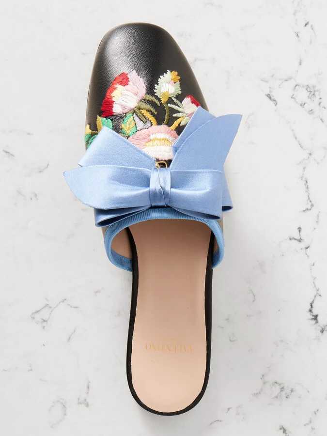 Valentino Garavani - Beauregard Bow-embellished Embroidered Leather Slippers - Black - Image 5