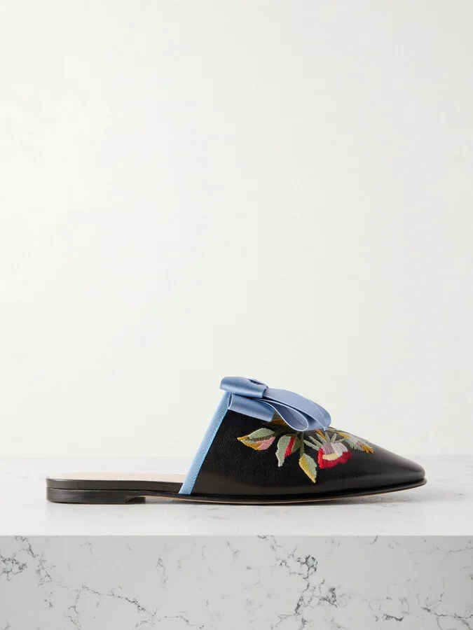Valentino Garavani - Beauregard Bow-embellished Embroidered Leather Slippers - Black