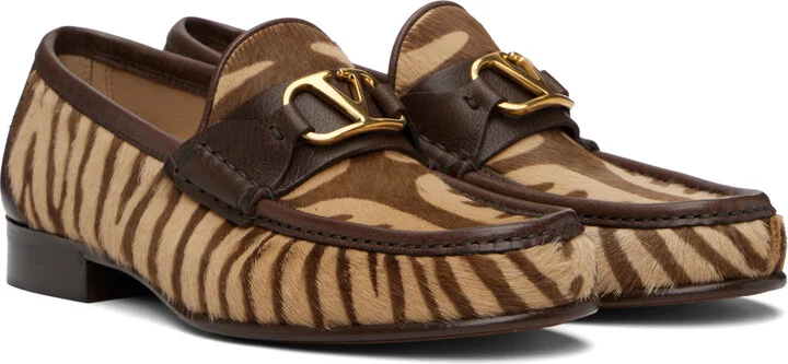 Valentino Garavani Beige & Brown VLogo Signature Calfskin Loafers - Image 4
