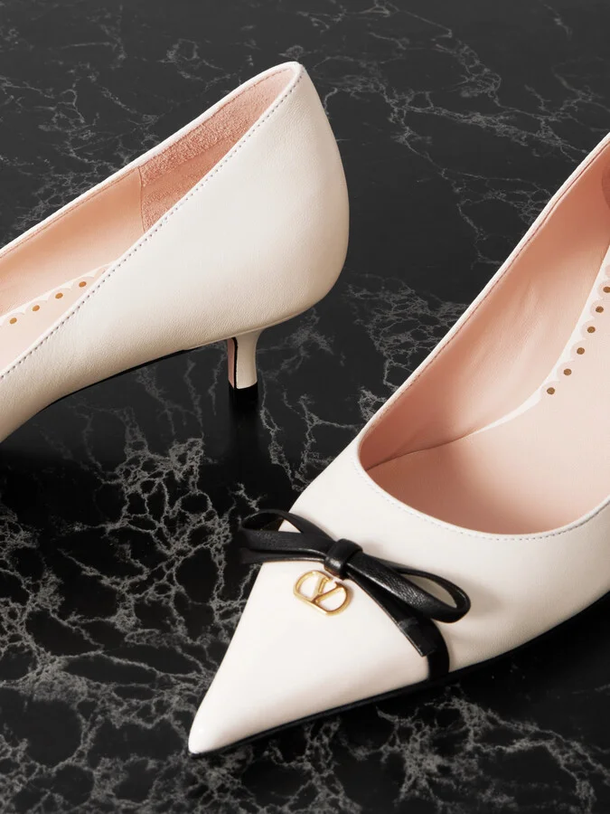 Valentino Garavani - Bepointy 45 Bow-embellished Two-tone Leather Pumps - Ivory - Image 4