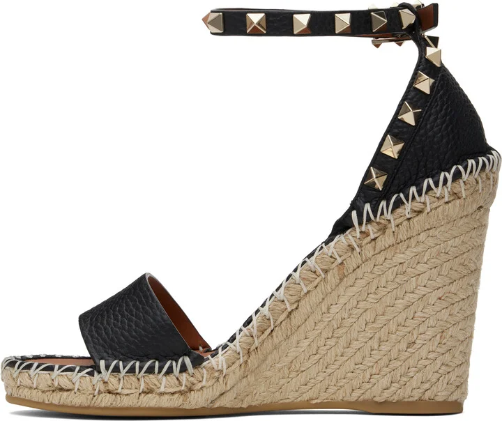 Valentino Garavani Black & Beige Double Rockstud Wedge Heeled Sandals - Image 3