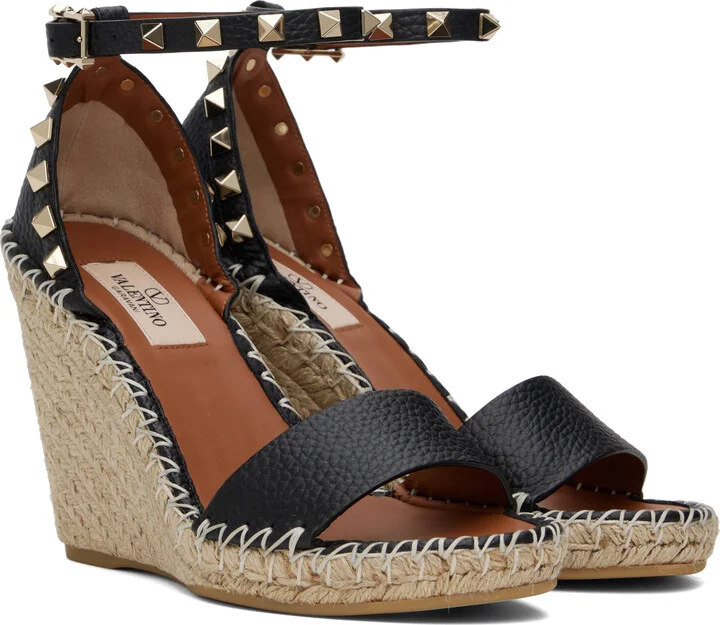 Valentino Garavani Black & Beige Double Rockstud Wedge Heeled Sandals - Image 4
