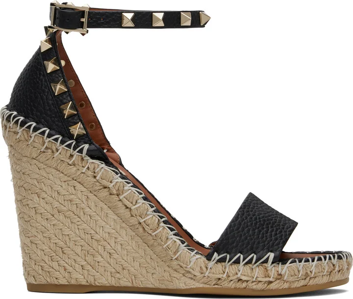 Valentino Garavani Black & Beige Double Rockstud Wedge Heeled Sandals