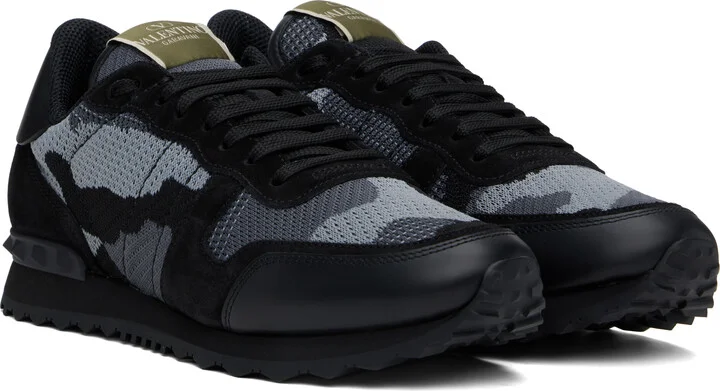 Valentino Garavani Black & Gray Mesh Fabric Camouflage Rockrunner Sneakers - Image 4