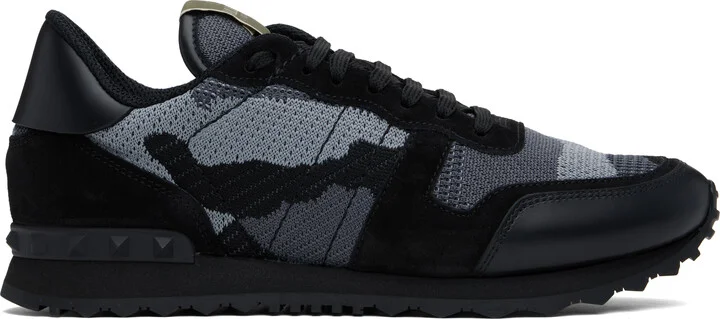Valentino Garavani Black & Gray Mesh Fabric Camouflage Rockrunner Sneakers
