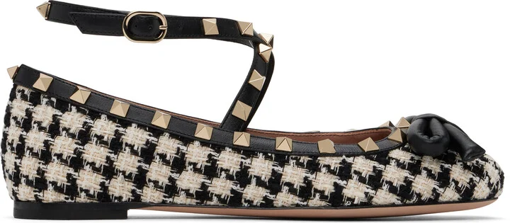 Valentino Garavani Black & Off-White Rockstud Ballerina Flats