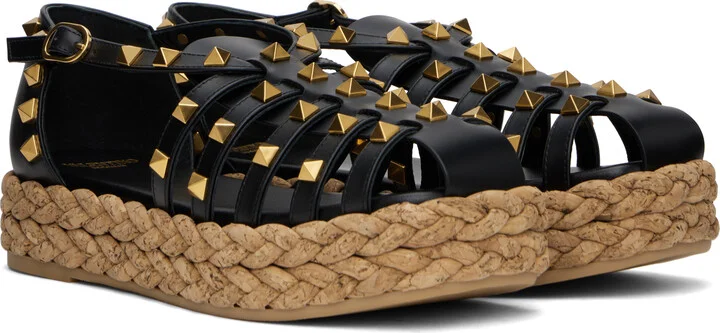 Valentino Garavani Black Rockstud Cork Sandals - Image 4