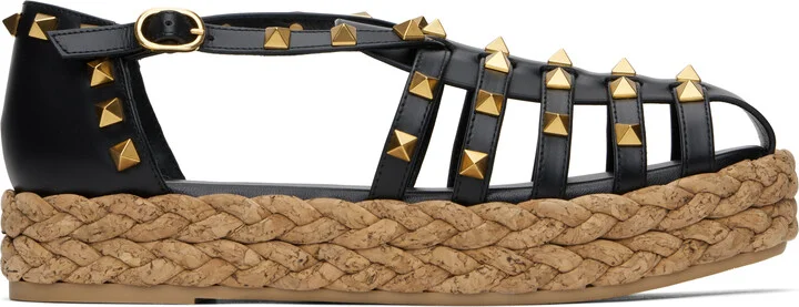 Valentino Garavani Black Rockstud Cork Sandals