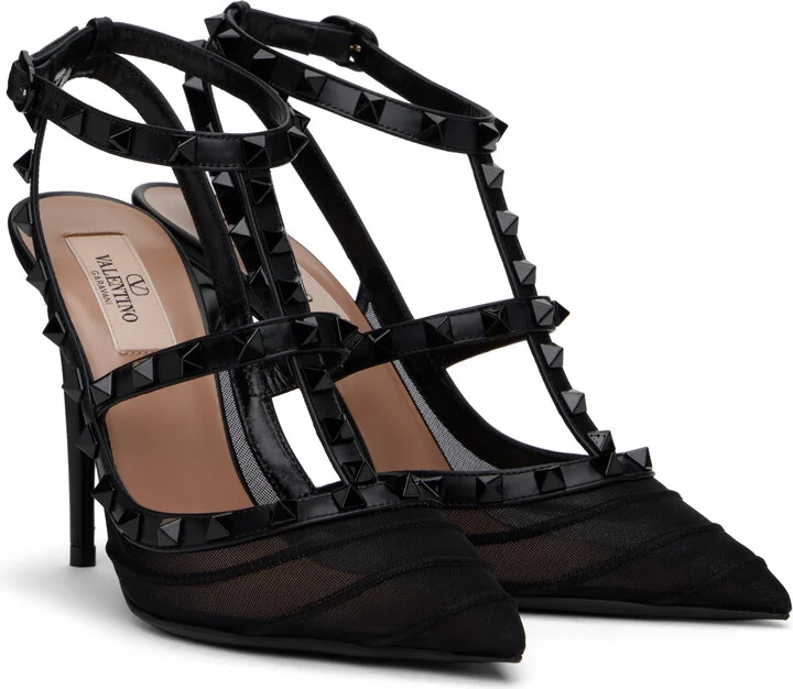 Valentino Garavani Black Rockstud Mesh 100mm Heels - Image 4